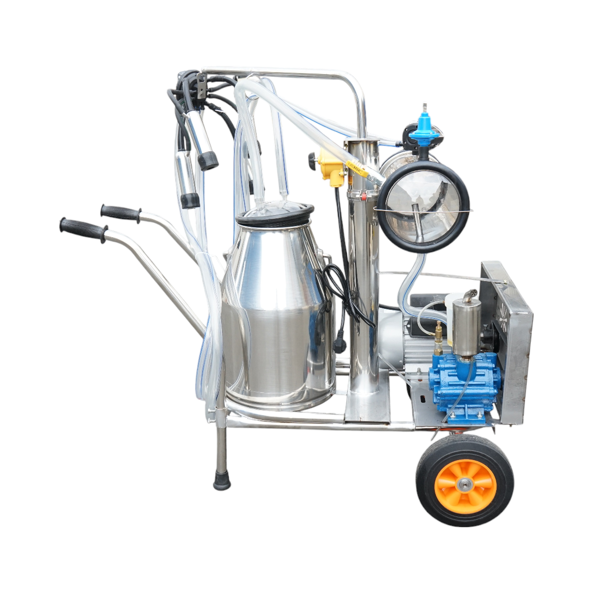 Single post milking machine 750W, 220V stainless steel 25L tank, milking group with 4 teats, vacuum pressure 40-50 kPa, pulsations 60-80 cpm
