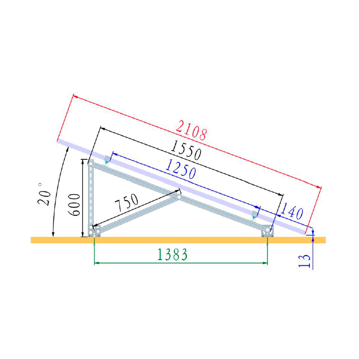 Complete mounting system, concrete structure for 4 photovoltaic solar panels at a 20-degree angle Breckner Germany
