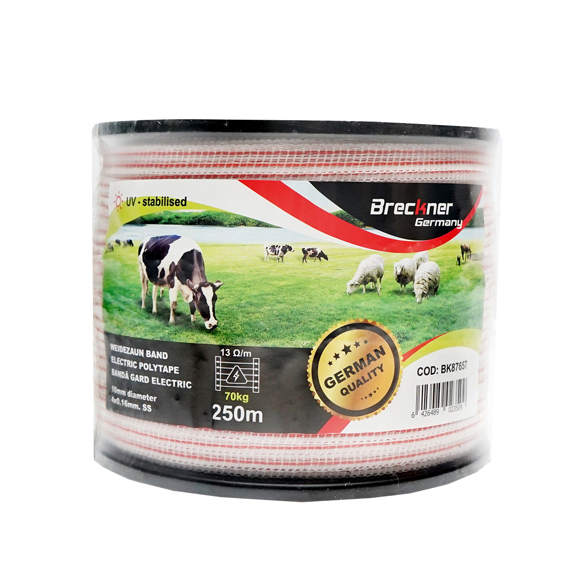 Red-white band roll 10mm, 4x0.16mm SS, 13Ohm/m 250m electric fence Breckner Germany