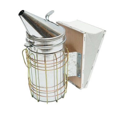 Bee smoker made of galvanized steel with a thermal shield cylinder and leather bellows 190mm
