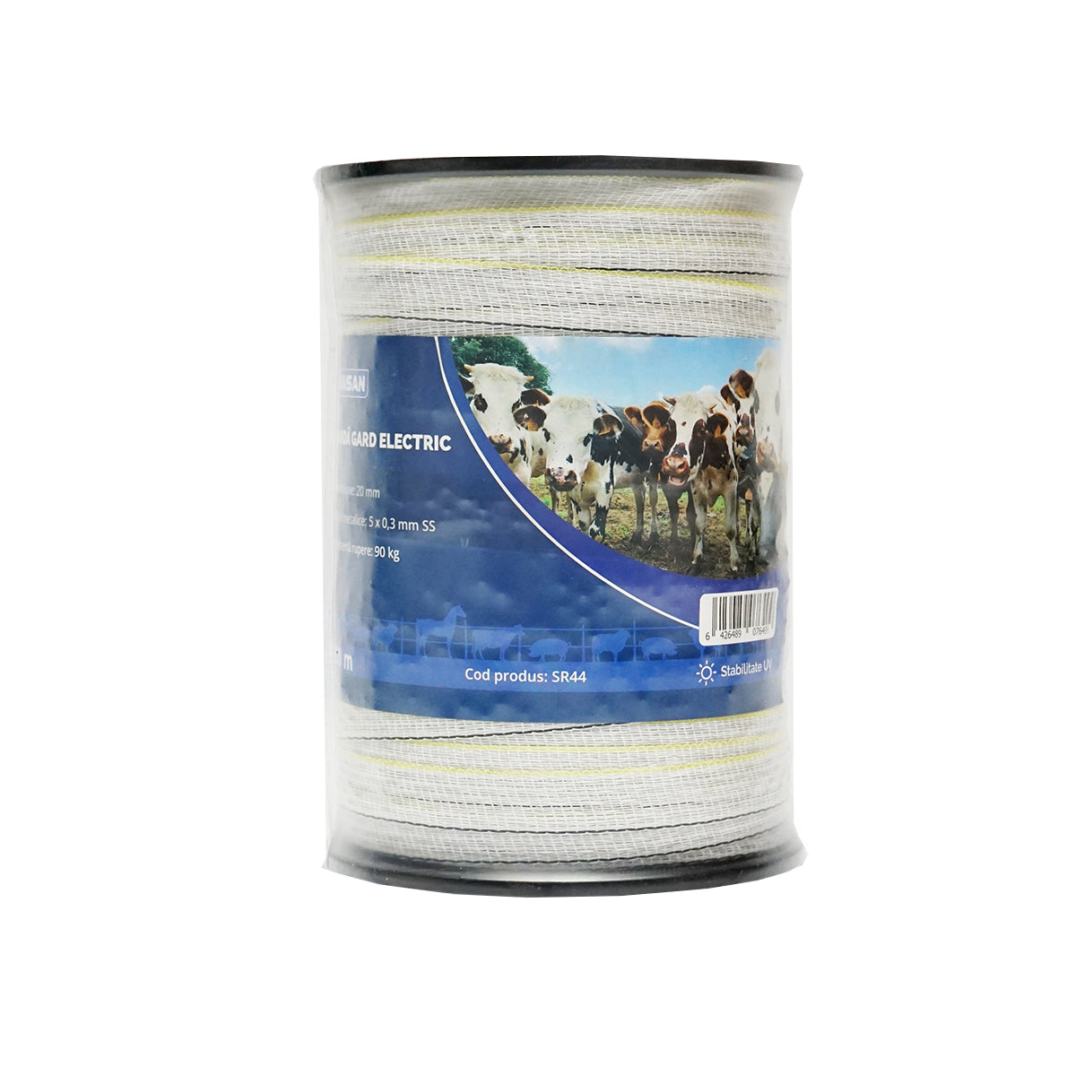 White-yellow-black band roll, 20mm wide 5x0.3mm SS, 200m length electric fence Baisan