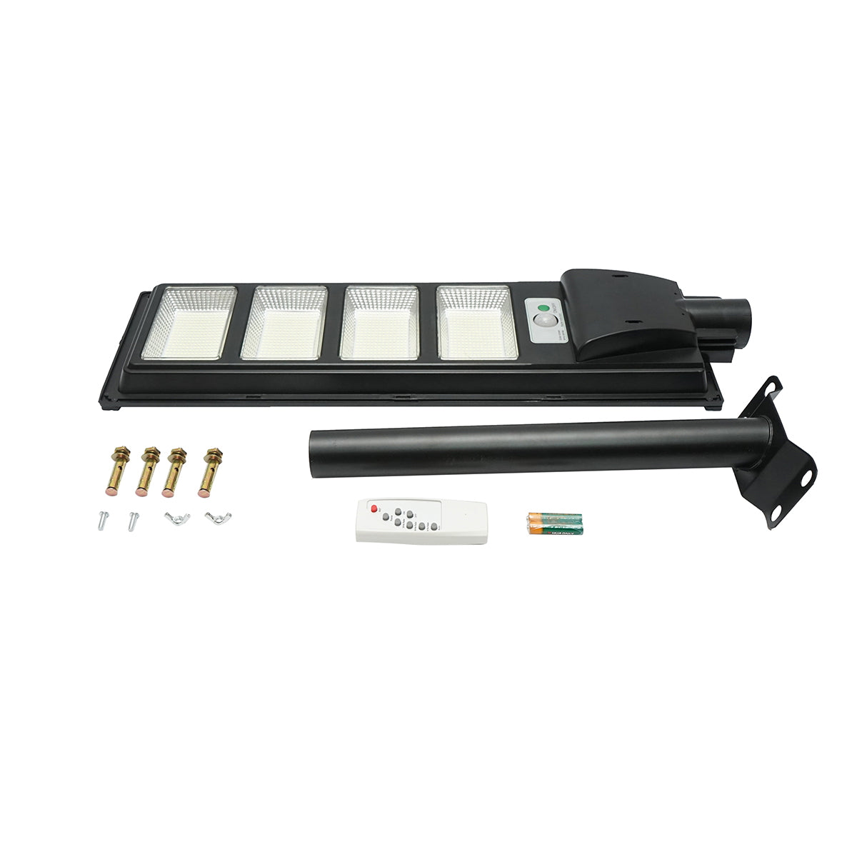 200W 6500K LED solar street lamp with 12W solar panel, 12000mAh battery, remote control, pole mount IP65 Breckner Germany