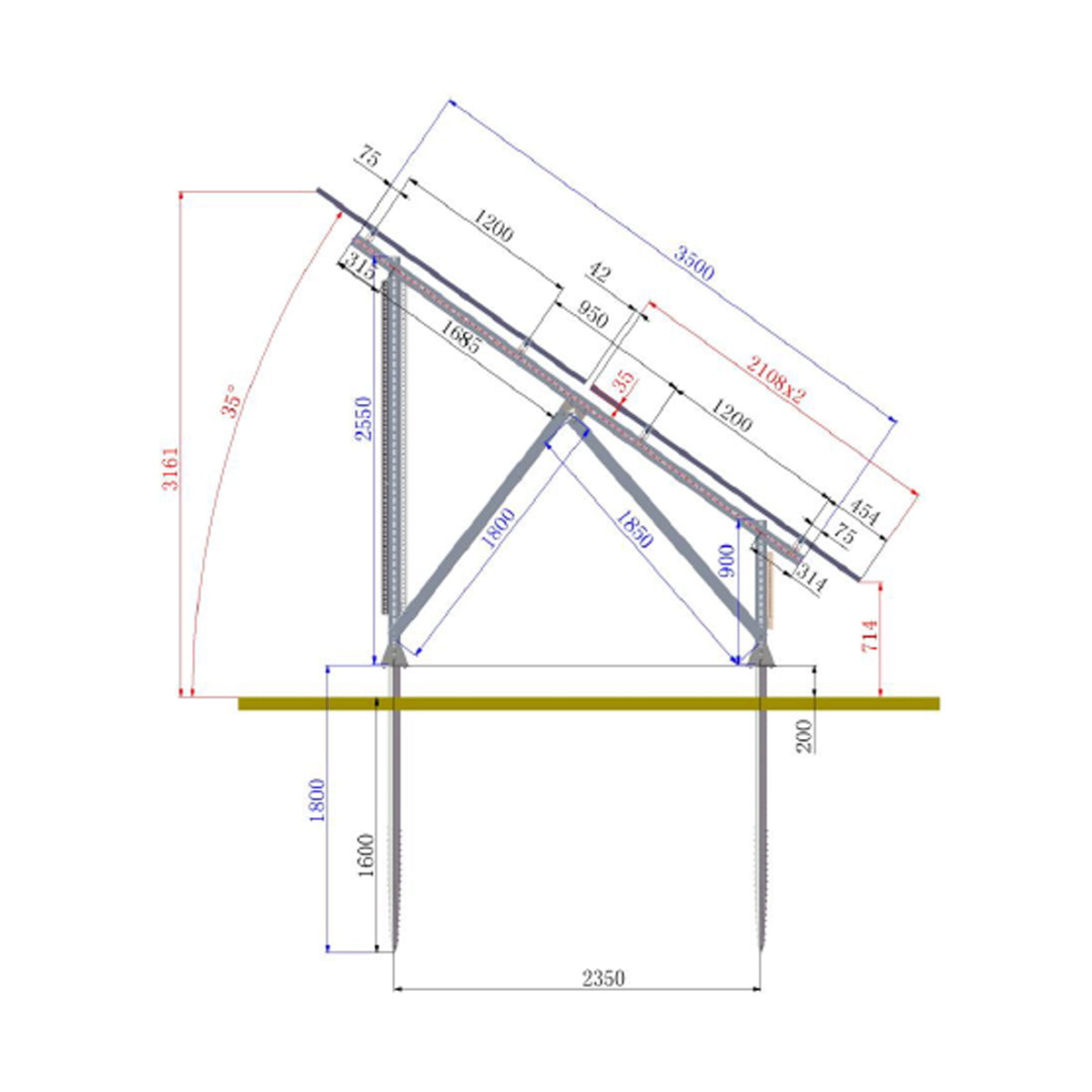 Complete mounting system, ground structure for 22 solar photovoltaic panels at an angle of 35 degrees Breckner Germany