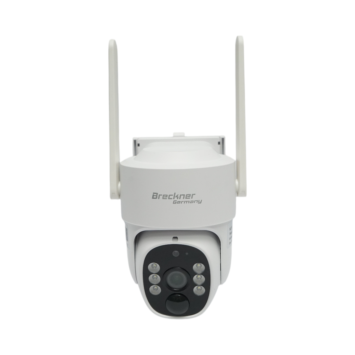 Surveillance camera with dual lens 3MP, 4G, 2.4 GHz WIFI with solar panel, 9000 mAh battery, PTZ control, human PIR detection, night vision, and Ubox app.