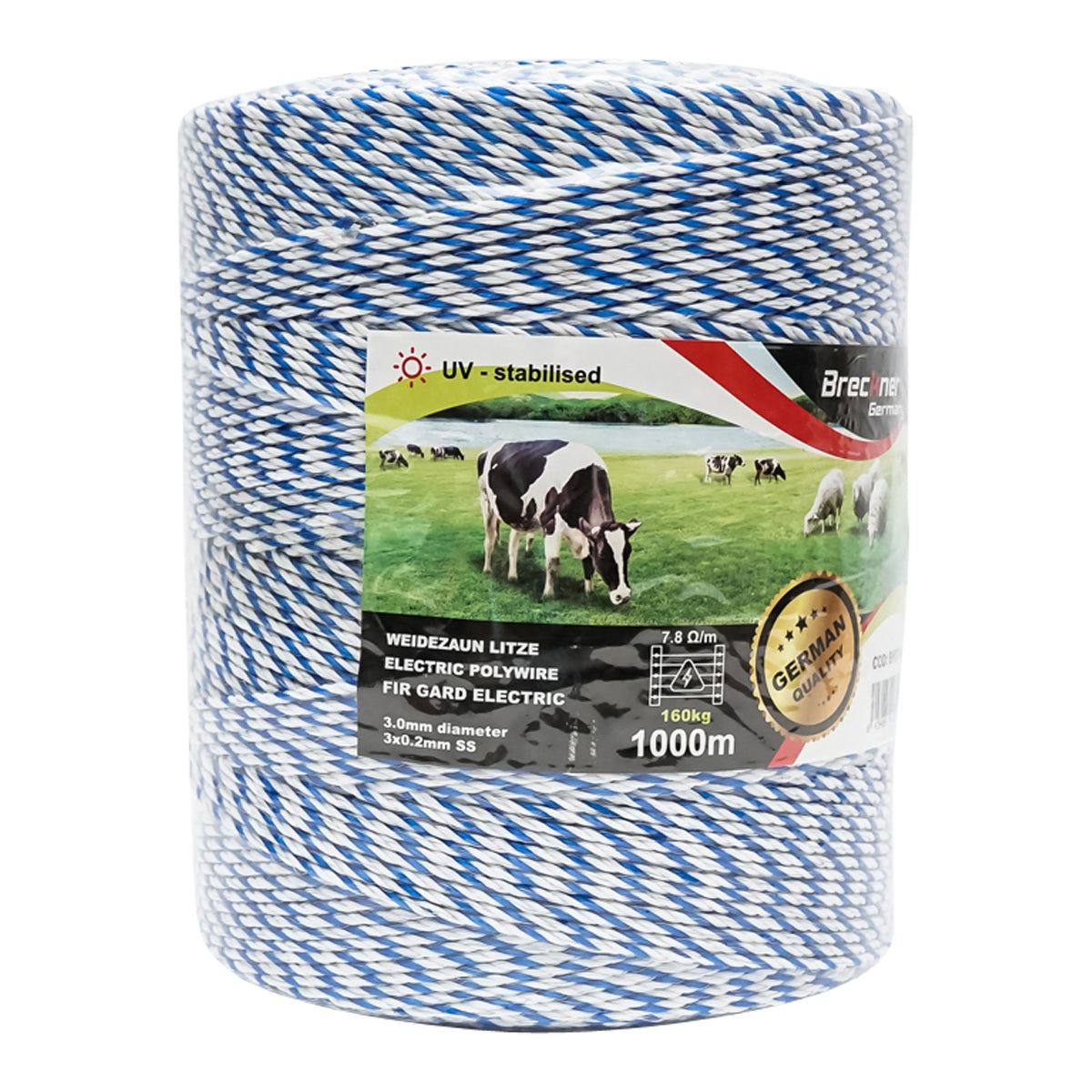 White-blue wire roll 3mm. 3x0.2mm. SS, 7.8 Ohm/m, 1000m electric fence Breckner Germany