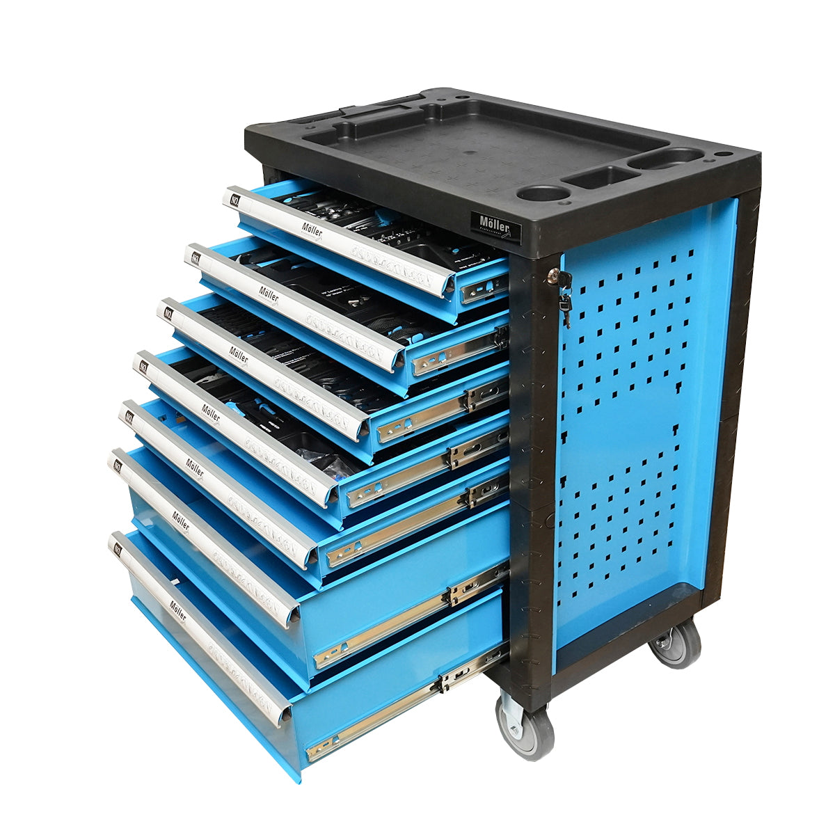Metal tool cart cabinet with 7 drawers equipped with 496 pieces.