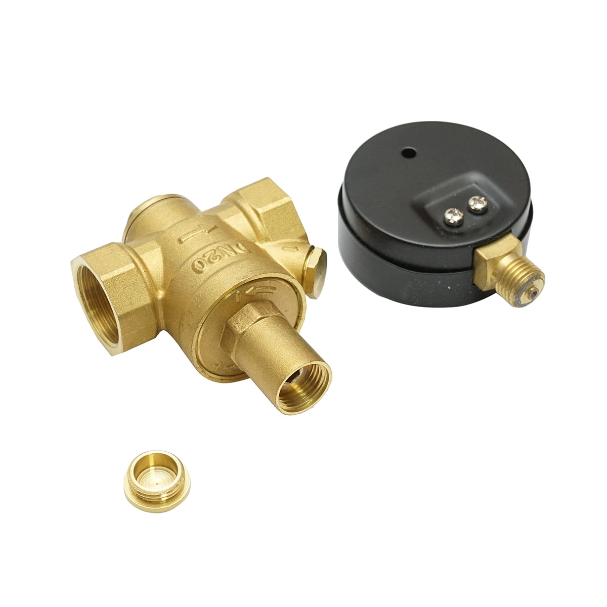 Water pressure reducing regulator 3/4-3/4, adjustable with filter sieve and pressure gauge DN20 for residential solar installations.