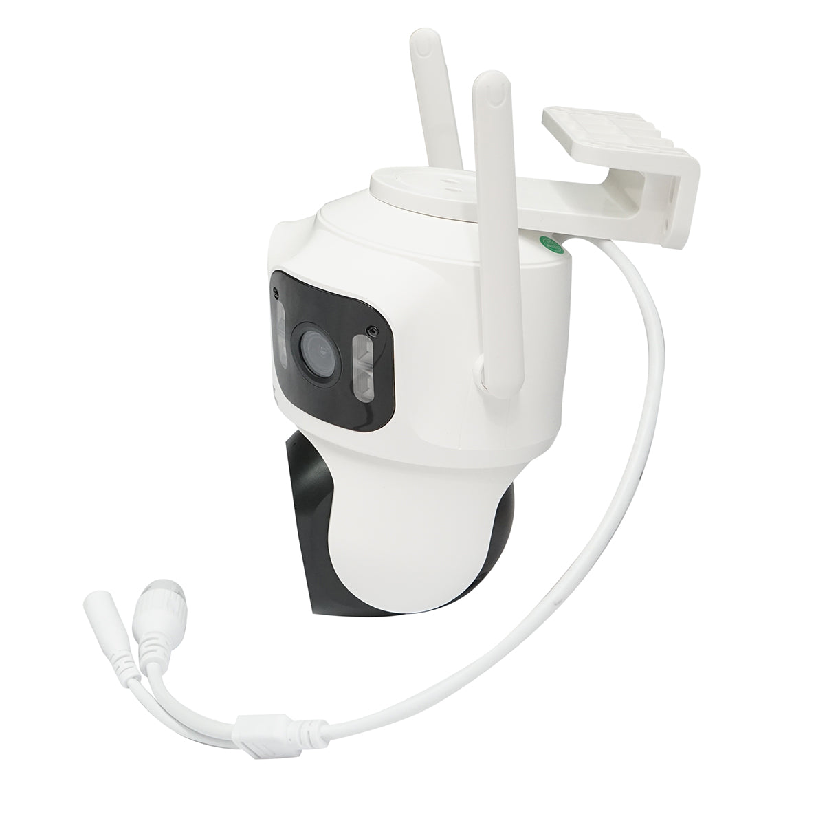 Surveillance camera with 3 lenses, 3 objectives 8 MP, 2 dual control CPUs, P2P WIFI 2.4G, PTZ with motion sensor, alarm, night vision, AI human detection, and iCSee application.