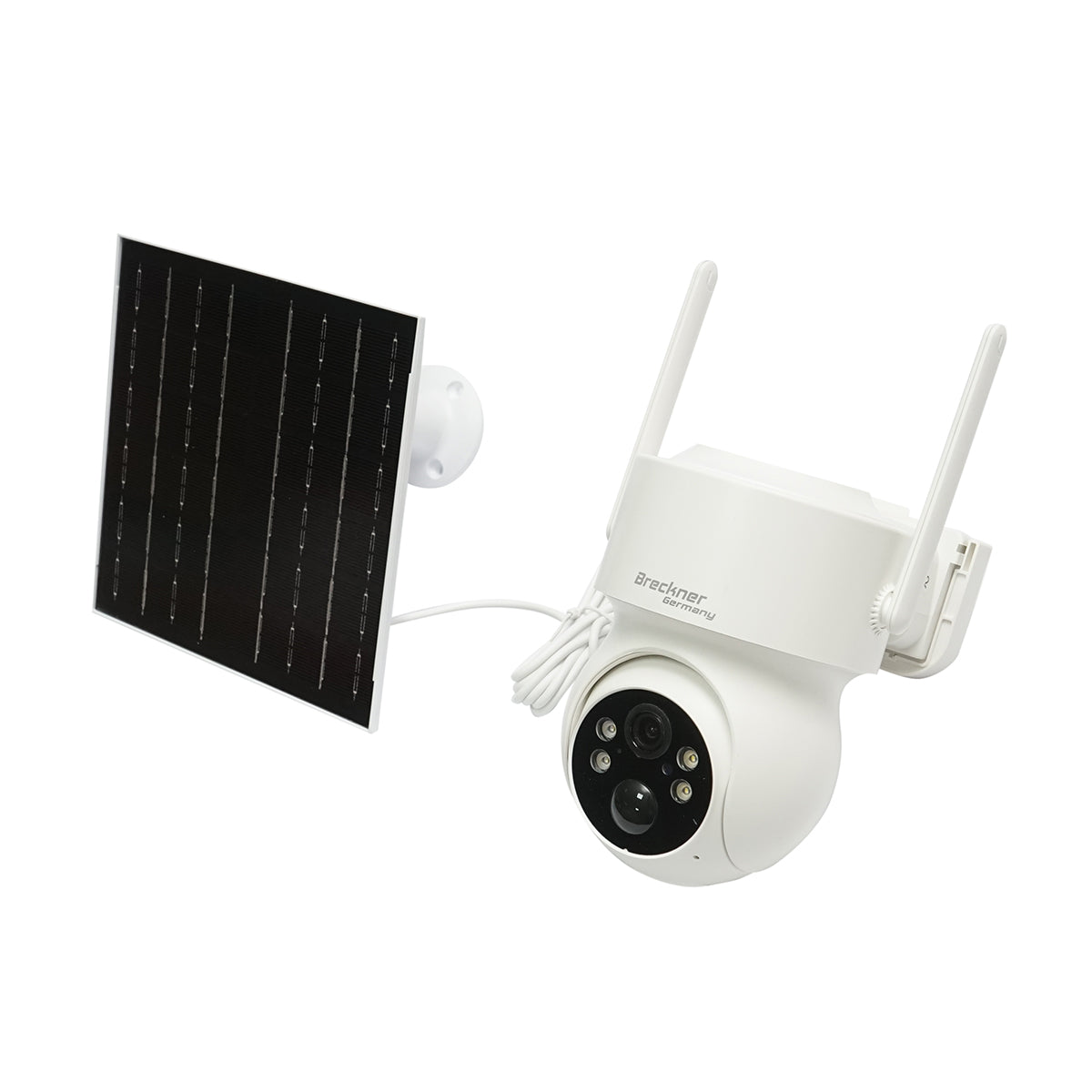 4 MP surveillance camera with 5W solar panel, fast charging 18650 battery, 2.4 GHz WIFI, 360-degree rotating PTZ with motion sensor, human detection PIR, alarm, night vision, and iCSee app.