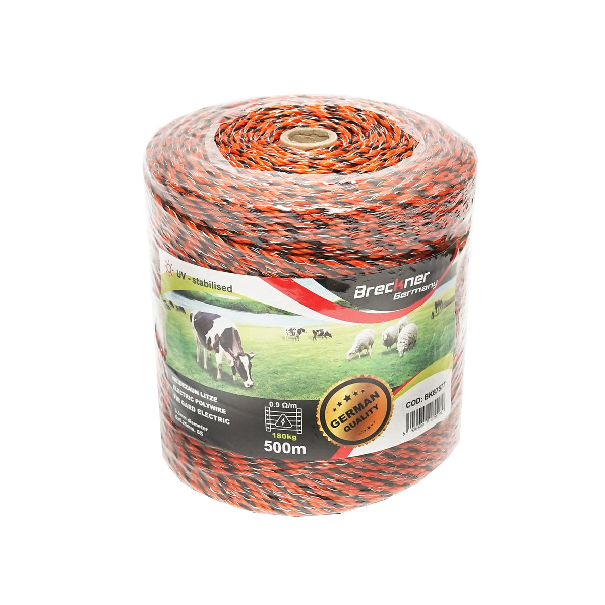 Orange-black wire roll 3.5mm 6x0.25mm SS, 0.9 Ohm/m, 500m electric fence Breckner Germany