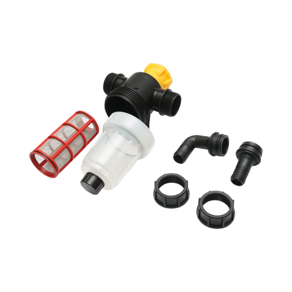 Transparent herbicide filter with mesh and self-cleaning valve, 25mm connection