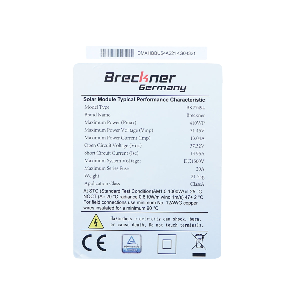 410W solar panel, monocrystalline photovoltaic, 37V, with MC4 cable and connector, dimensions 1722x1134x35mm, Breckner Germany.