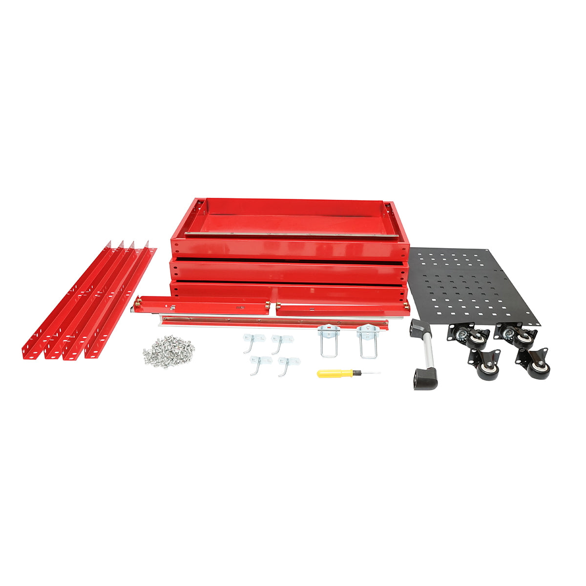 Metal trolley on wheels with 3 shelves, supports, and drawer for tools 660x360x730mm
