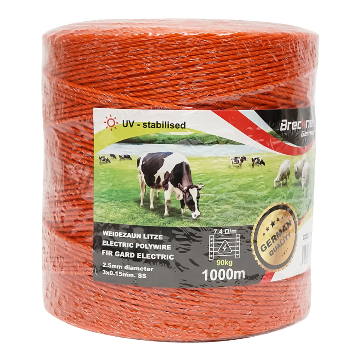 Roll of orange wire 2.5mm. 3x0.15mm. SS, resistance 7.4 Ohm/m, 1000m electric fence Breckner Germany
