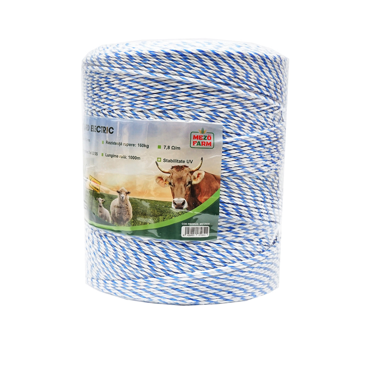 White-blue wire roll 3mm with metal insert 3x0.2mm SS, resistance 7.8 Ohm/m, 1000m electric fence Mezofarm