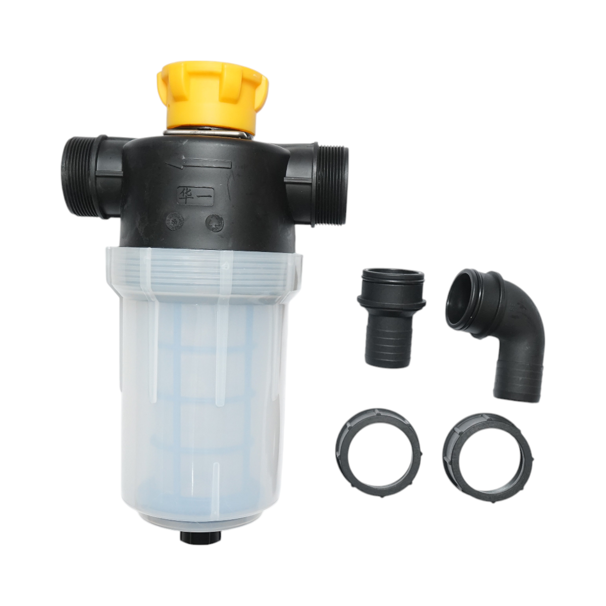 Transparent herbicide filter with mesh and self-cleaning valve, 38mm connection