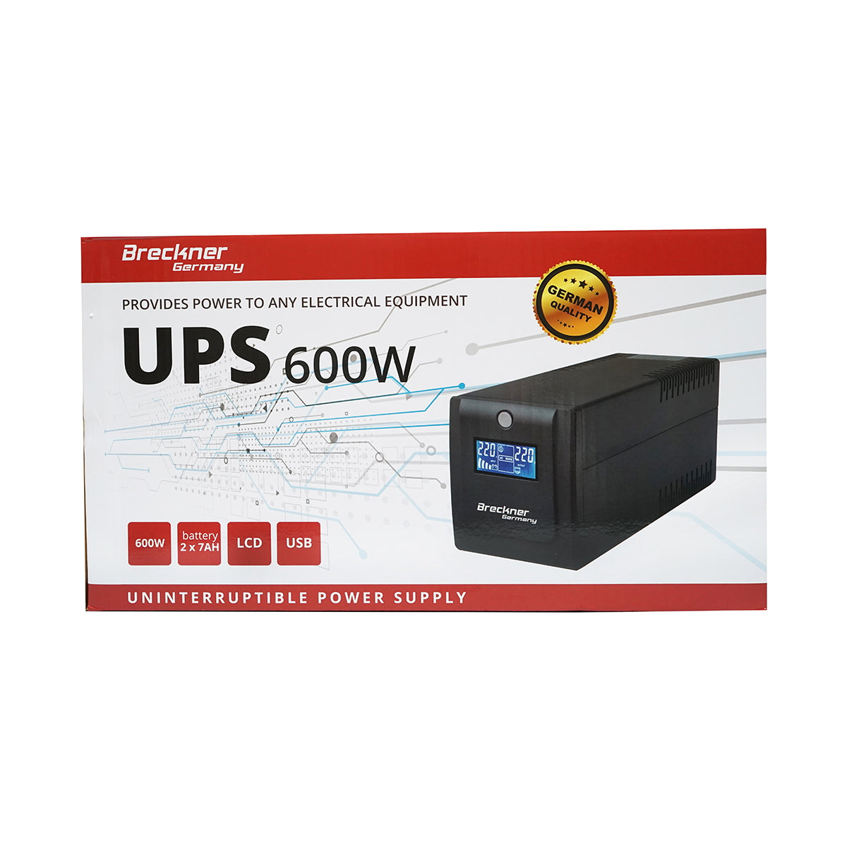 UPS 1000VA/600W with 2x7Ah batteries and 4 schuko sockets, LCD, USB, AVR Breckner Germany