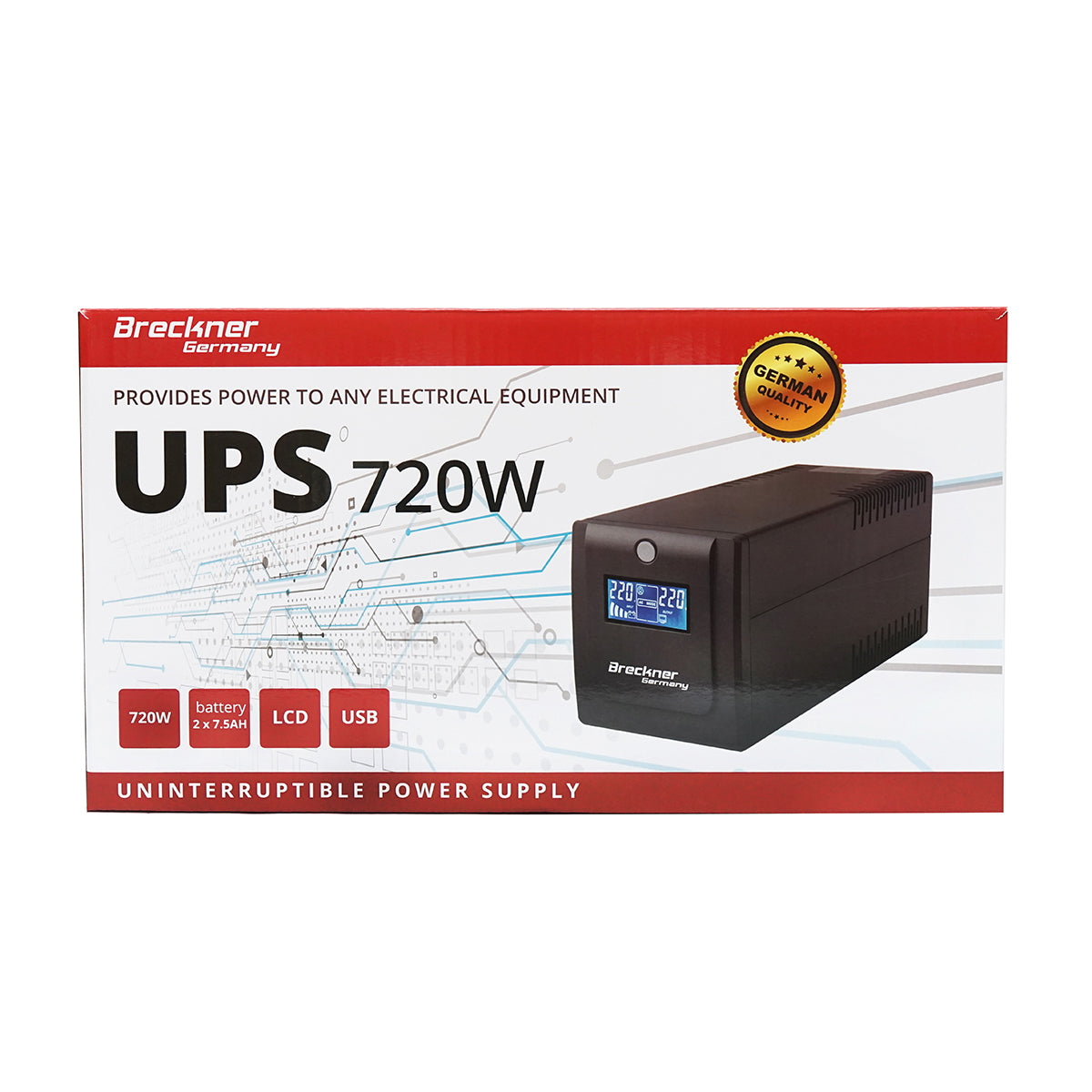 UPS 1000VA/600W with 2x7.5Ah batteries and 4 schuko sockets, LCD, USB Breckner Germany
