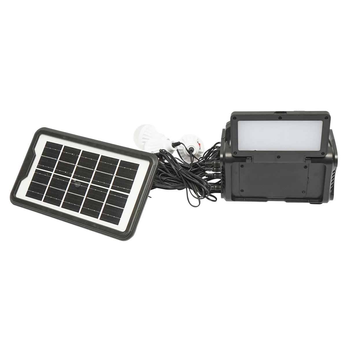 Portable LED lighting kit with 4 bulbs/projector, solar panel, FM radio, and 10000 mAh battery for fishing camping GD-8076