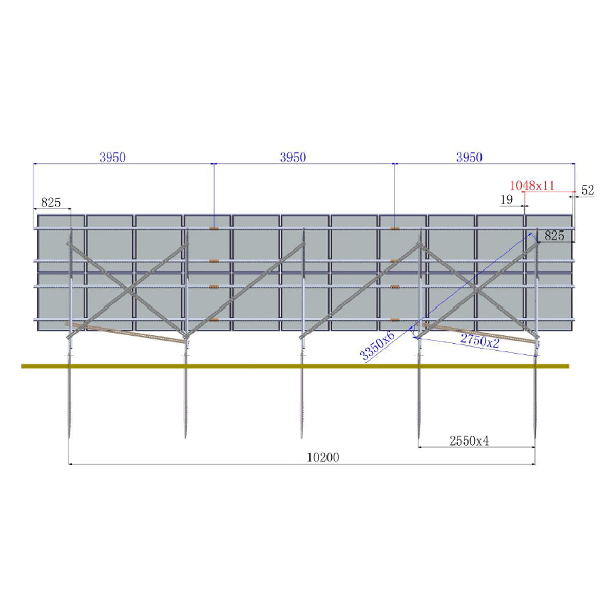 Complete mounting system, ground structure for 22 solar photovoltaic panels at an angle of 35 degrees Breckner Germany