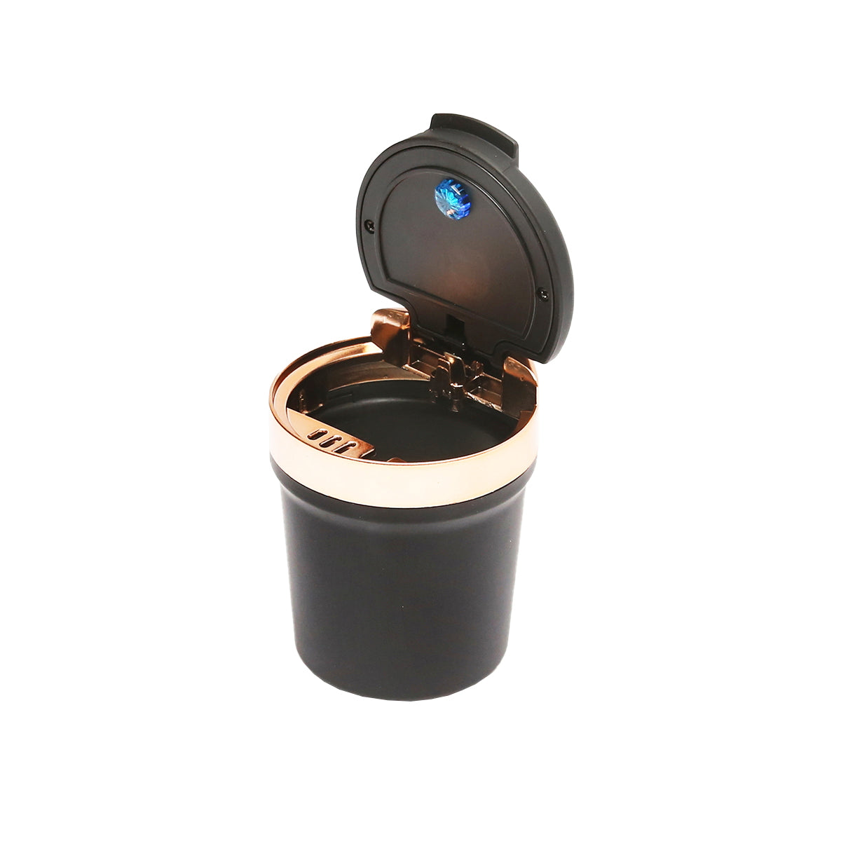 Universal car ashtray with black-gold ceramic bottom and blue LED light.