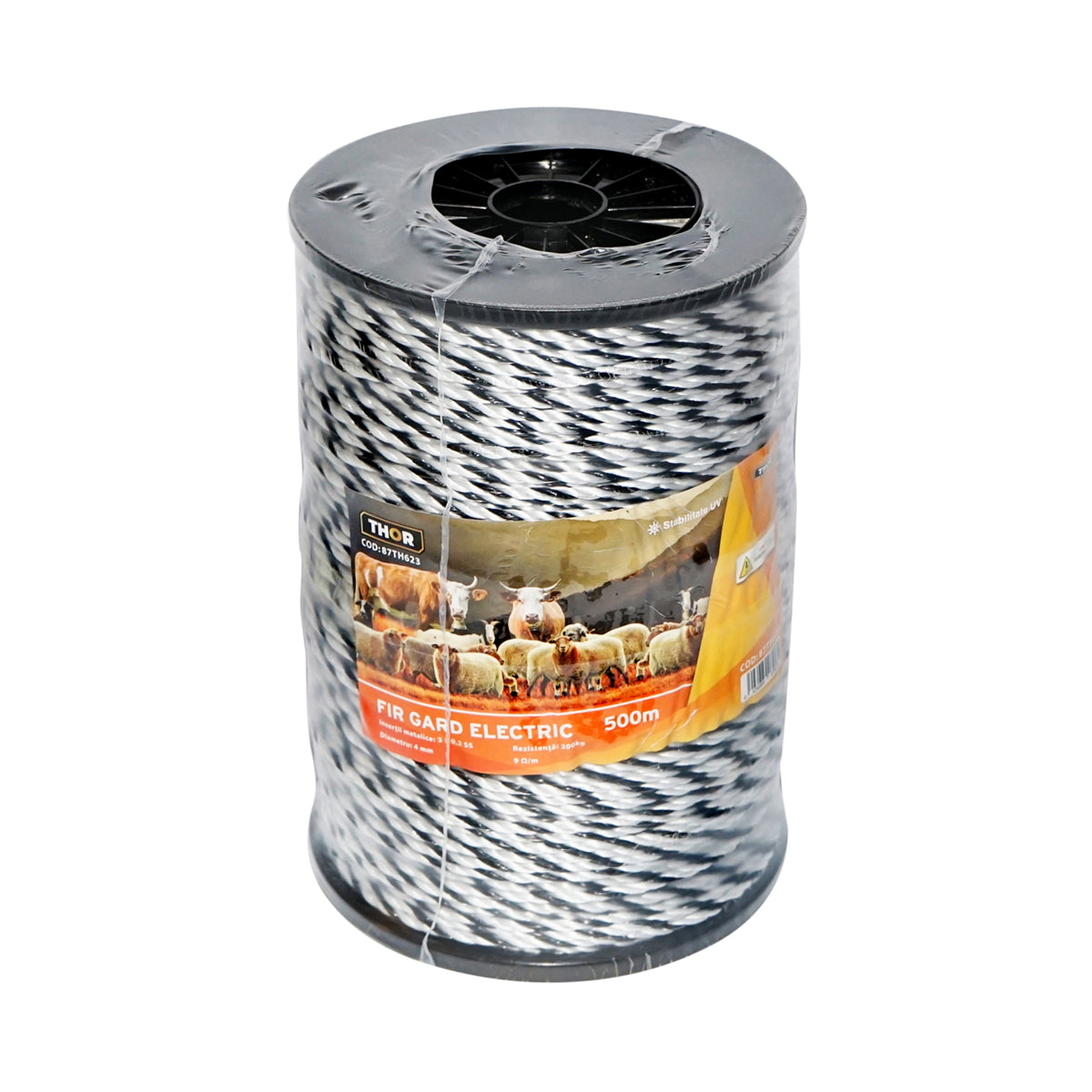 Roll of black and white wire with 4mm metal insert, 3x0.2mm SS, resistance 9 Ohm/m, 500m electric fence Thor