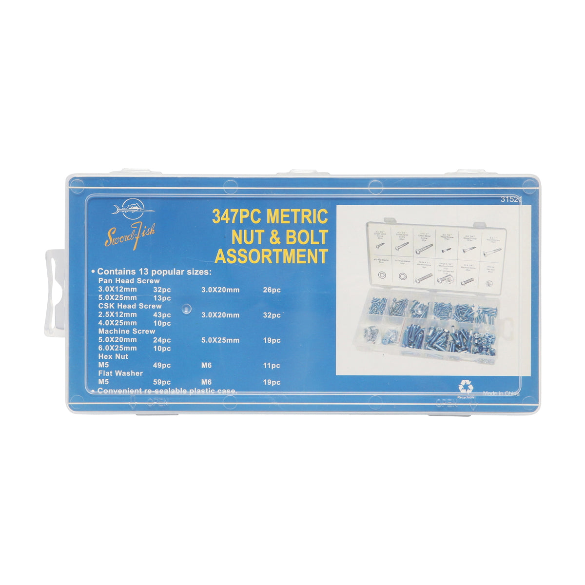 Wood and sheet metal screwdriver set, screws with cross head, nuts and flat washers, 347 pieces