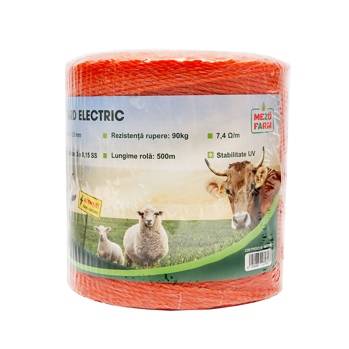 Roll of orange wire 2.5mm with metal insert 3x0.15mm SS, resistance 7.4 Ohm/m, 500m electric fence Mezofarm