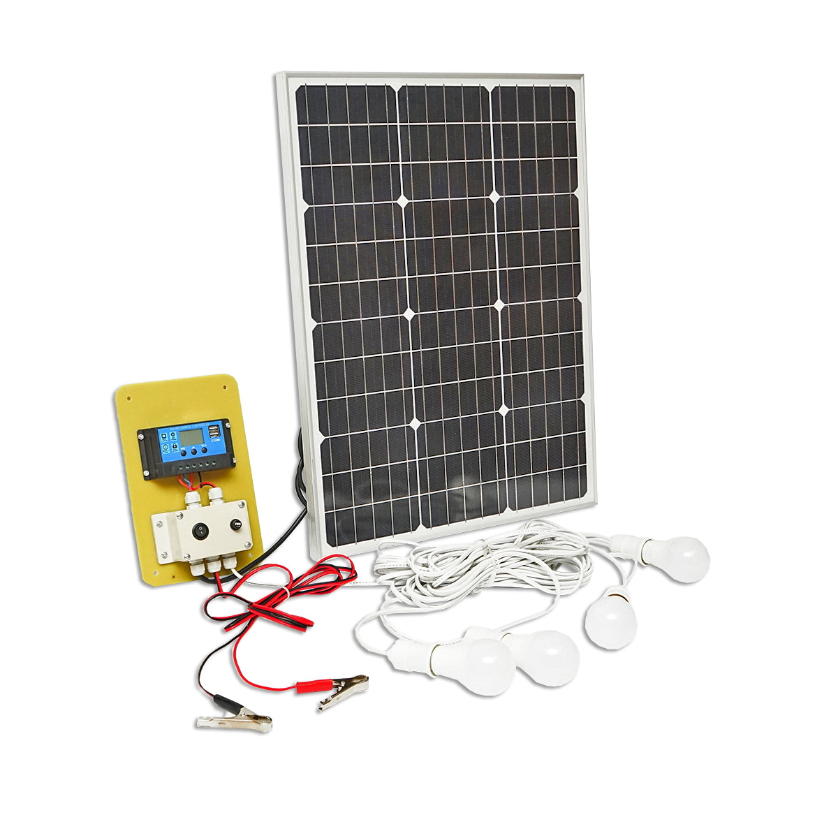 Set of 50W monocrystalline photovoltaic solar panel 670x540x30mm 12-24V battery 12/17Ah 4 bulbs 9W Breckner Germany