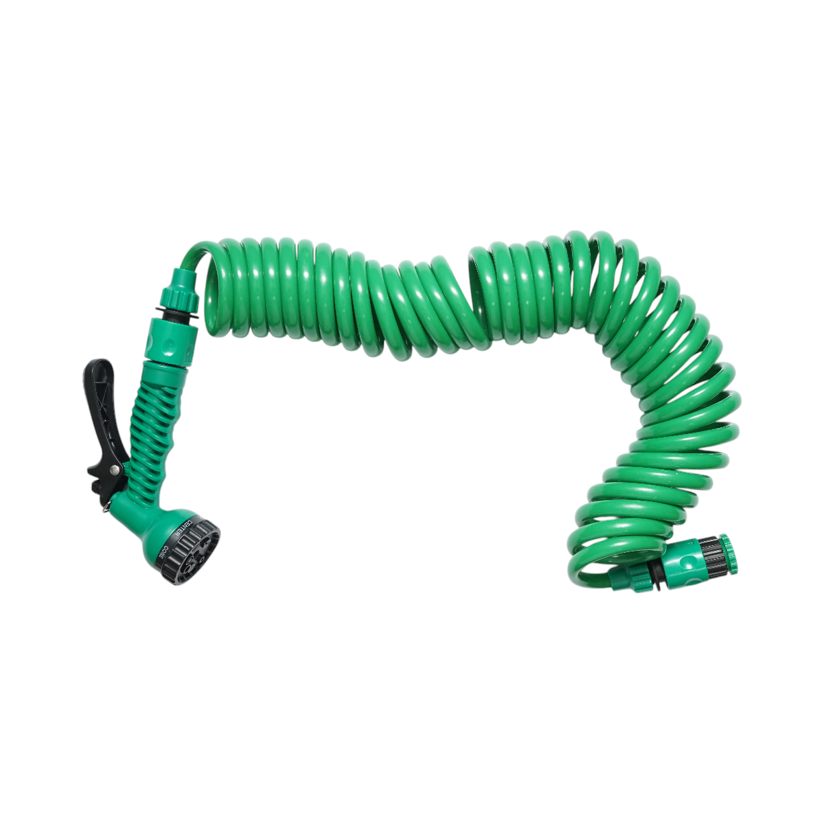 Spiral expandable garden hose 7.5m with adjustable pistol, 7 functions, 3/4 adapter, 1/2 quick coupling.