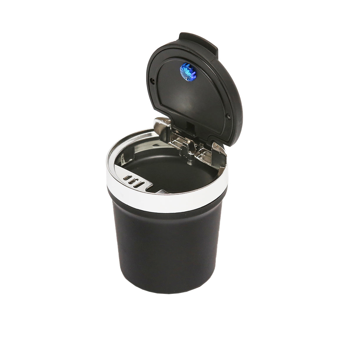 Universal car ashtray with black-silver ceramic bottom and blue LED light