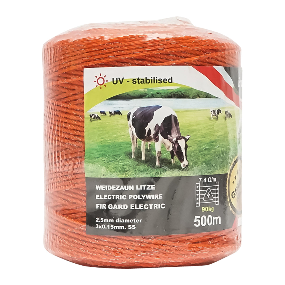 Roll of orange wire 2.5 mm 3x0.15 mm SS, 7.4 Ohm/m, 500m electric fence Breckner Germany