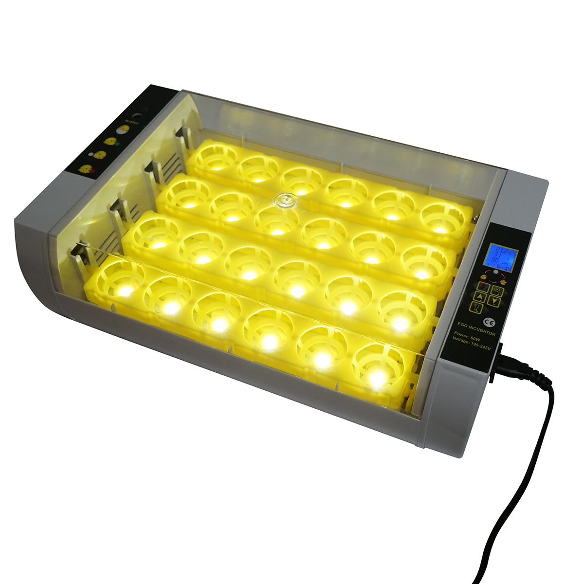 Automatic incubator 24 eggs 60W, 220V, automatic rotation, temperature control, humidity, electronic display, LED illuminated tray