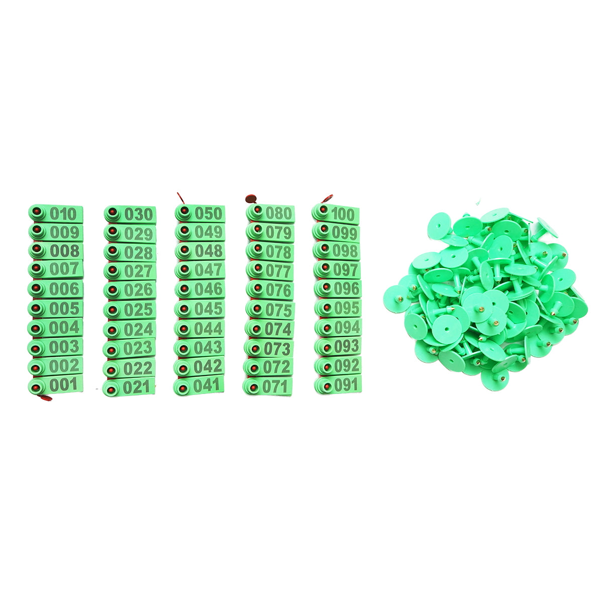 Set of 100 numbered green tags 001-100 for goats, sheep Breckner Germany