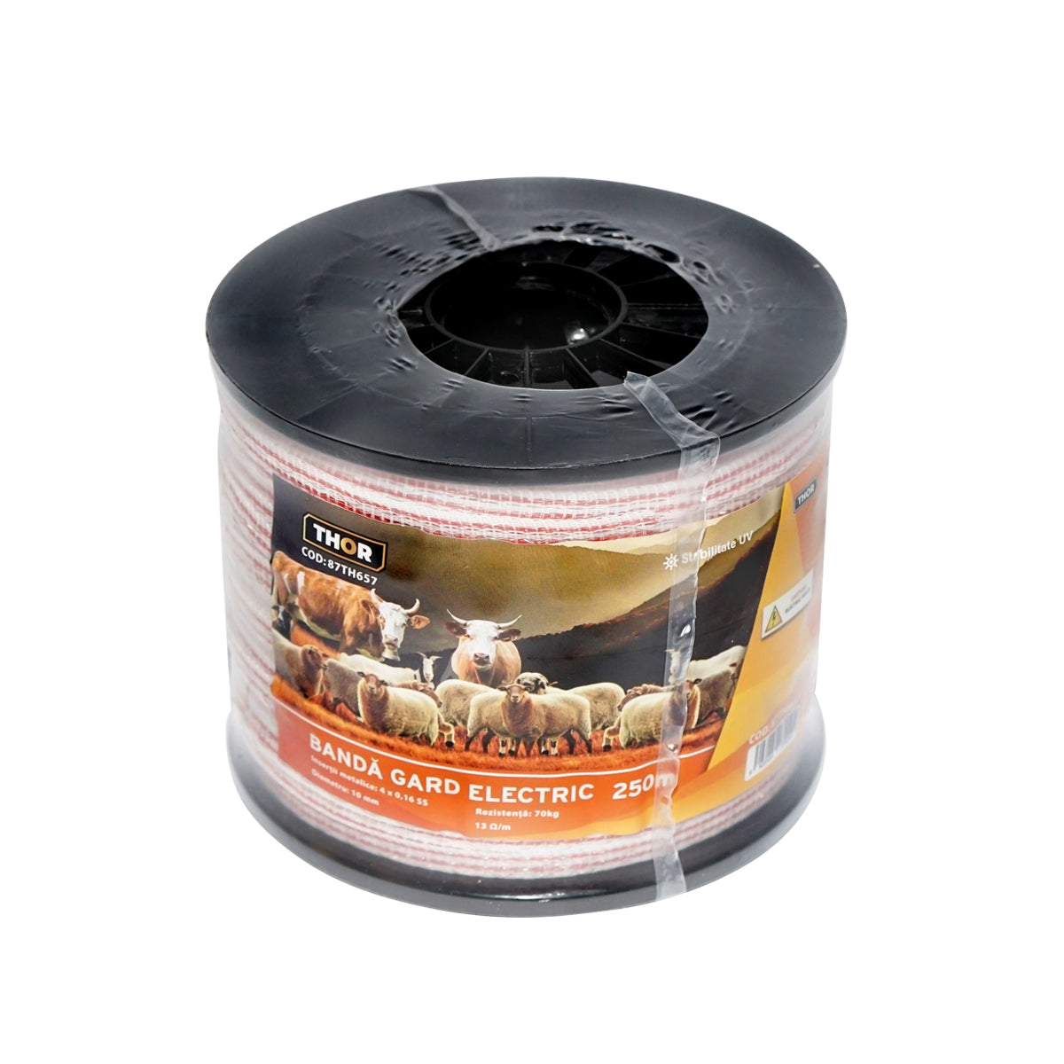 Red-white band roll 10mm with metal insert 4x0.16mm SS, resistance 13 Ohm/m, 250m electric fence Thor