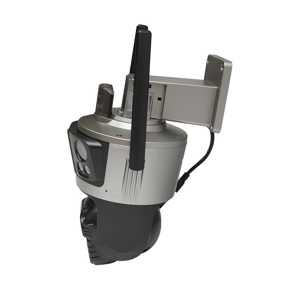 Surveillance camera with 4 lenses, 3 objectives 12 MP, 2 dual control CPUs, P2P WIFI 2.4G, PTZ with motion sensor, alarm, night vision, AI human detection, and iCSee application.