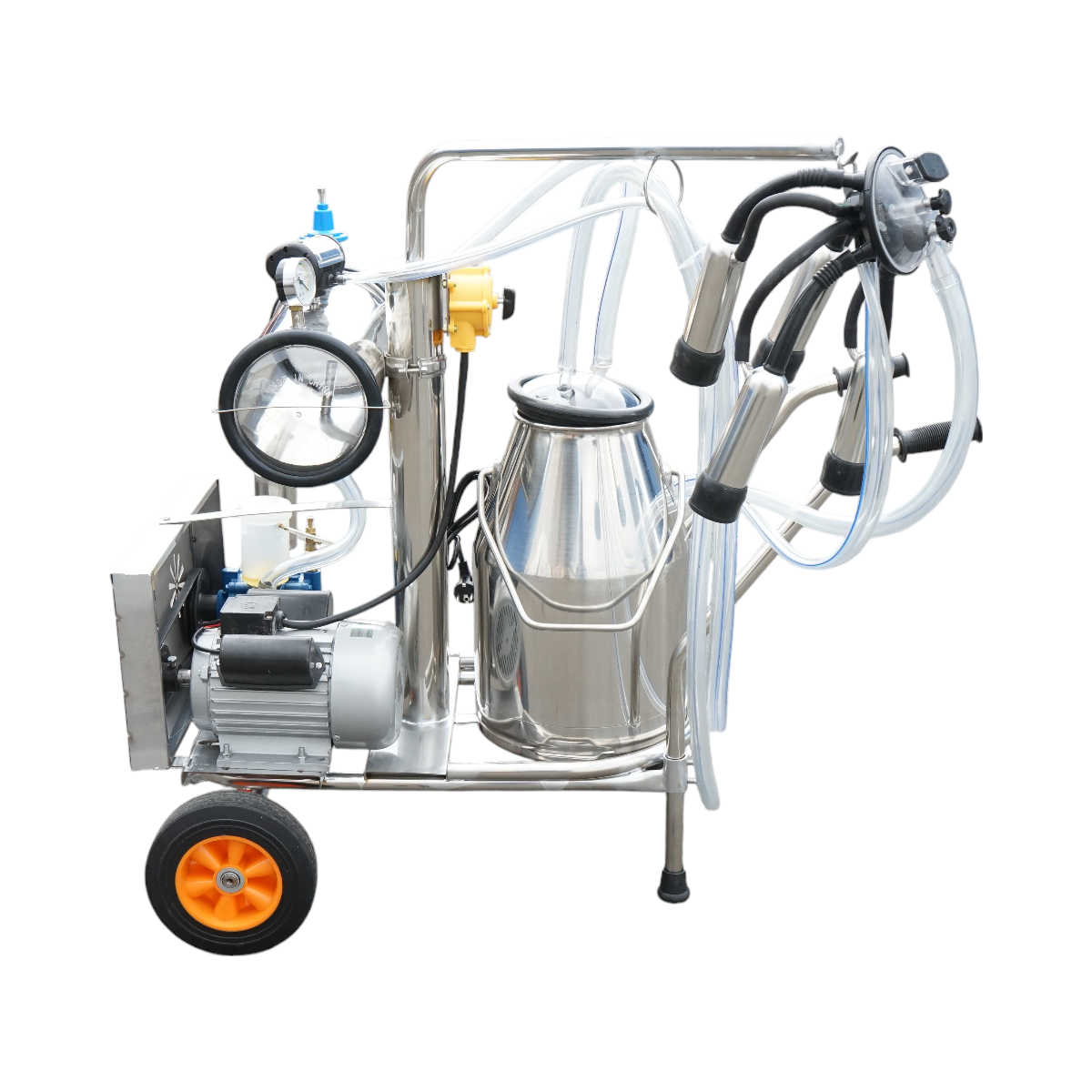 Single post milking machine 750W, 220V stainless steel 25L tank, milking group with 4 teats, vacuum pressure 40-50 kPa, pulsations 60-80 cpm