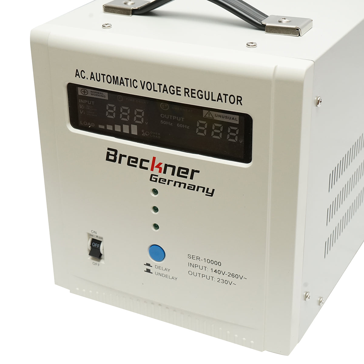 Single-phase automatic voltage stabilizer with relay 10000VA/140-260V, 2 Schuko sockets 230V, LCD display Breckner Germany