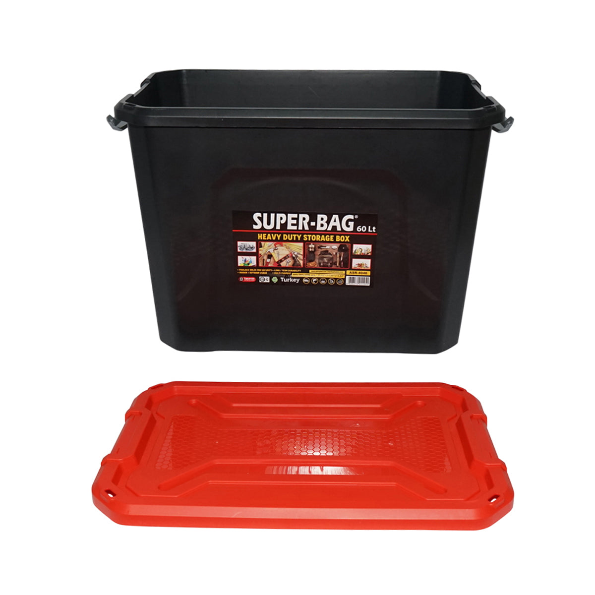 Heavy duty storage box 60L with lid, red 580x380x405mm Breckner Germany