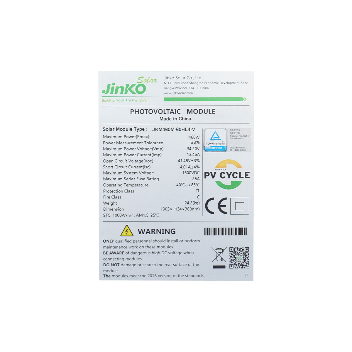 XL JINKO Tiger Pro 460W solar panel, photovoltaic, monocrystalline 1903x1134x30mm