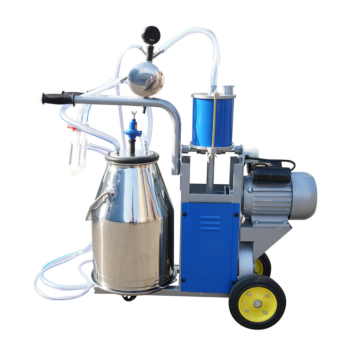 Single post milking machine 550W, 220V stainless steel 25L tank, milking group with 2 suction cups, vacuum pressure 45-50 kPa, pulsations 60-80 cpm