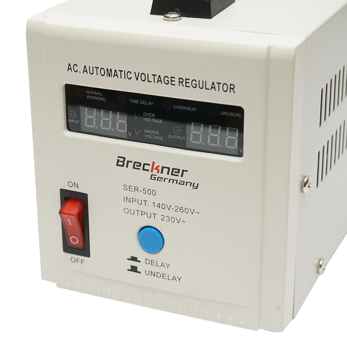Automatic single-phase voltage stabilizer with relay 500VA/140-260V, 2 Schuko sockets 230V, LCD display Breckner Germany