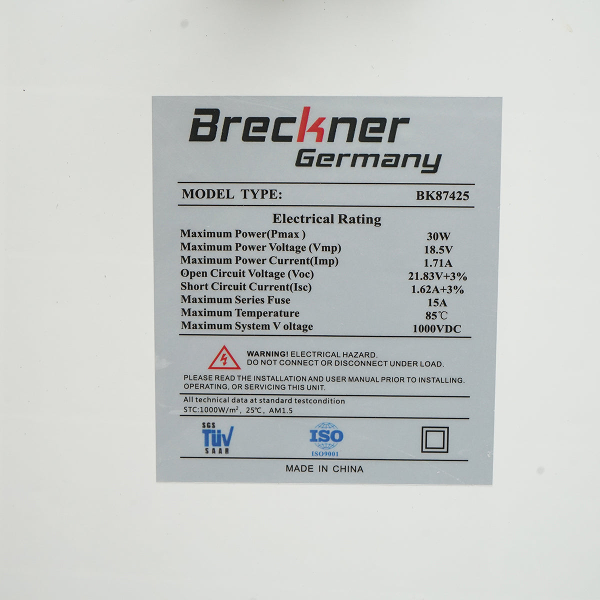 30W/18V photovoltaic monocrystalline solar panel 560x345x25mm with 12/24V 20A charge controller, cable 1.5/2m Breckner Germany