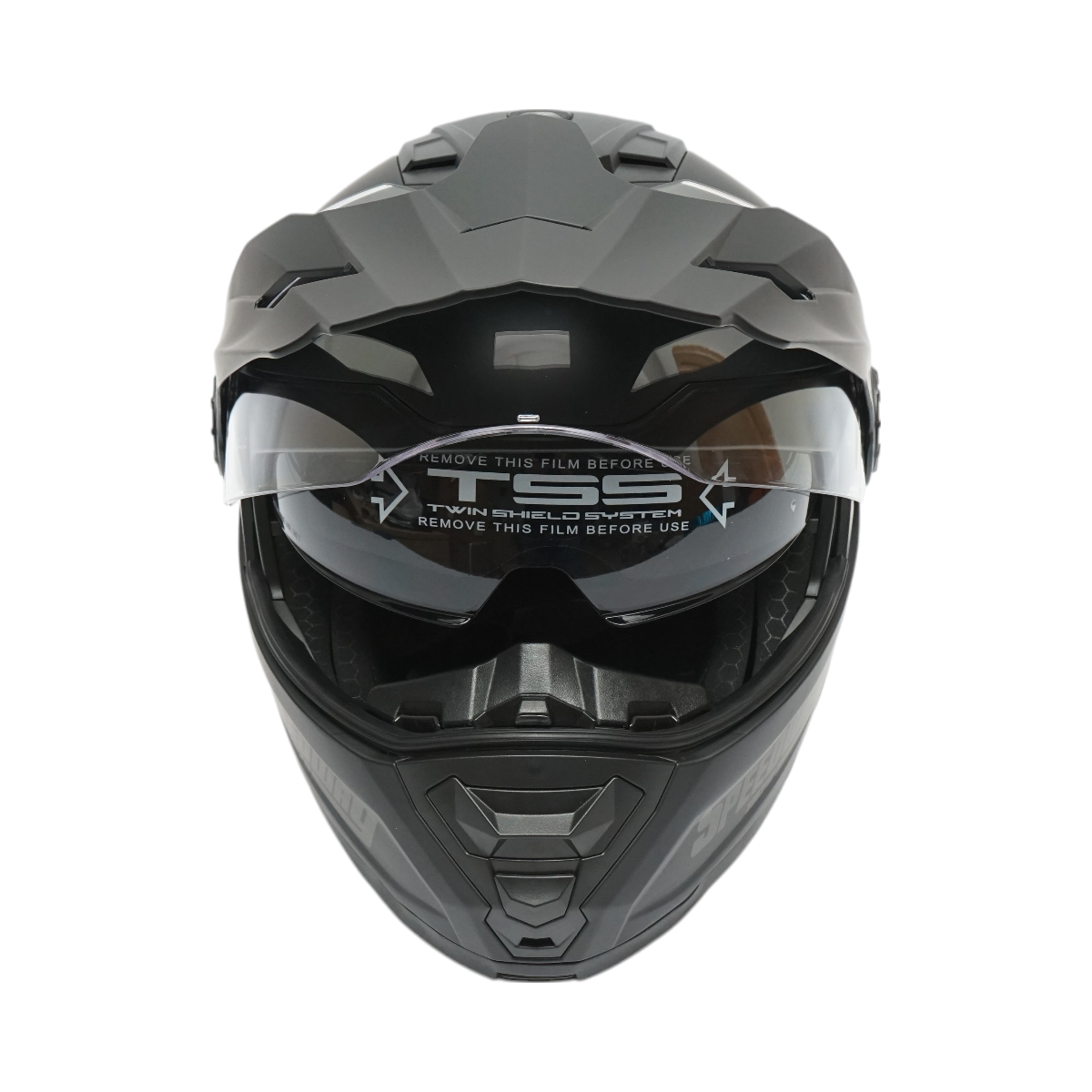 Matte black full-face motocross helmet with a clear visor and sunglasses, size XL Lion