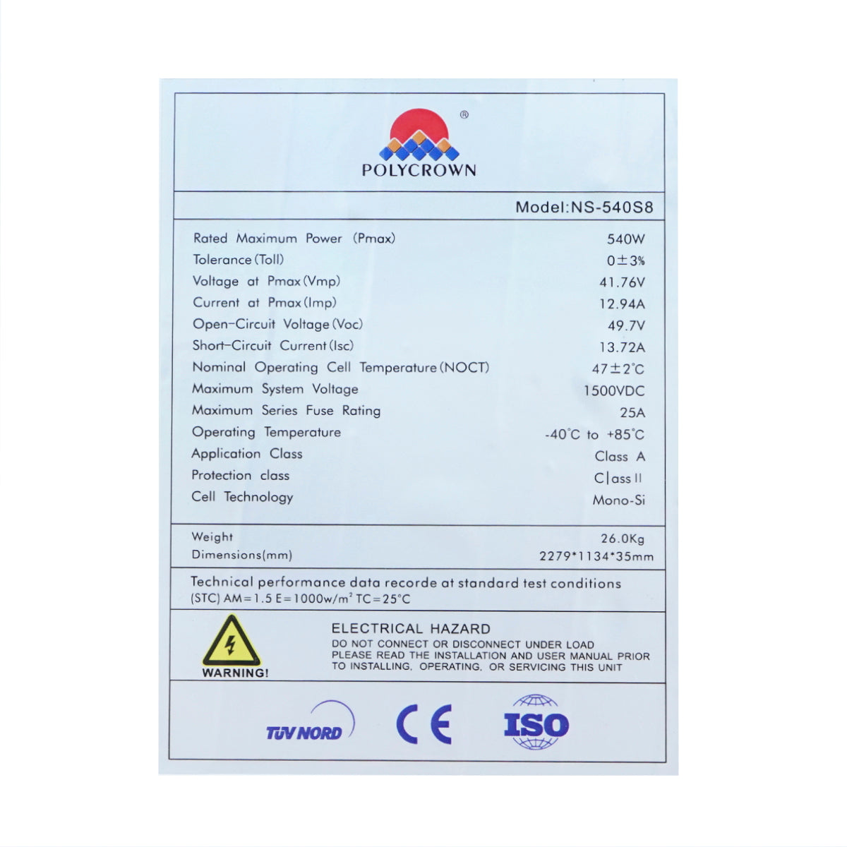 540W Polycrown A Grade solar panel, mono, photovoltaic 2279x1134x35mm