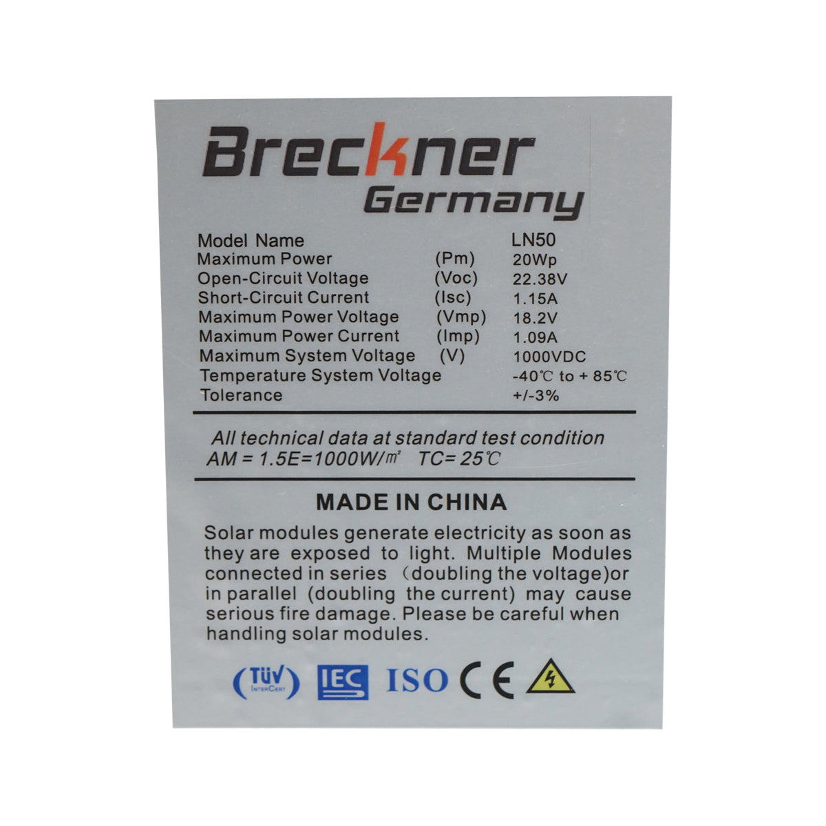 20W monocrystalline photovoltaic solar panel 410x350x17mm Breckner Germany