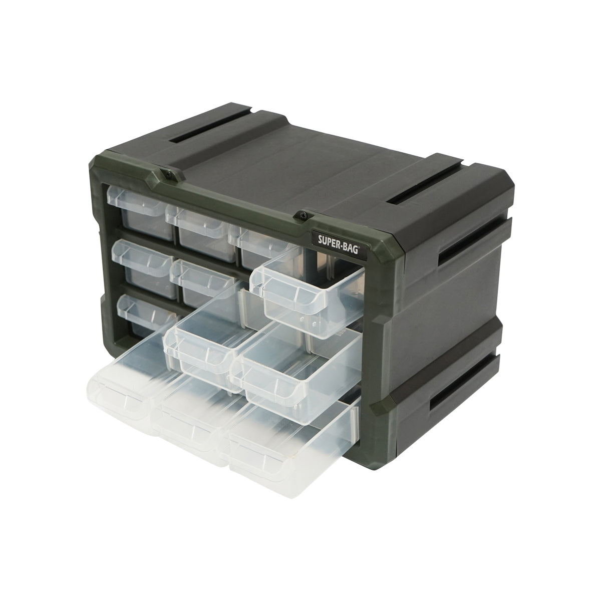 Green modular plastic storage box, 12 drawers 158x266x170mm Breckner Germany