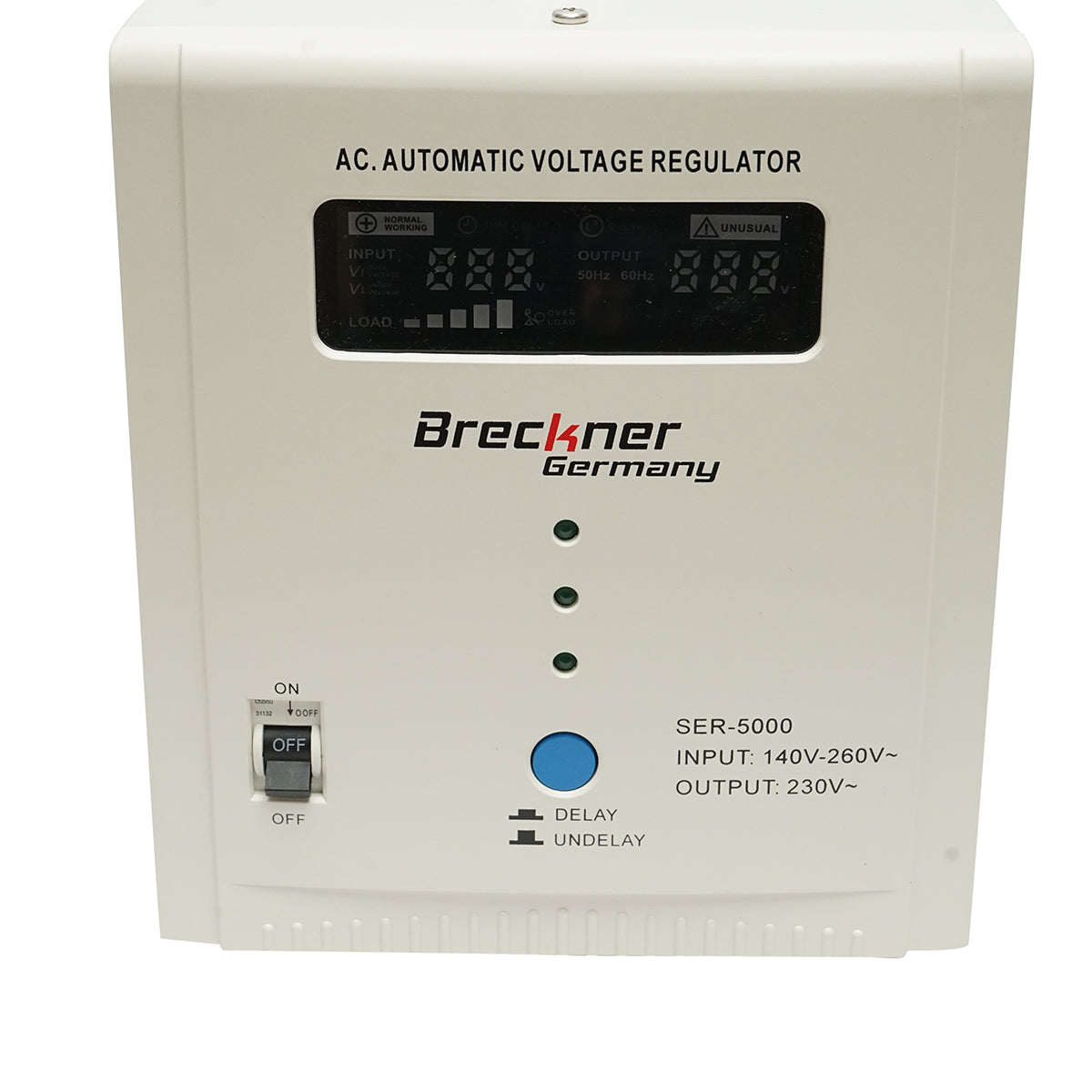 Single-phase automatic voltage stabilizer with relay 5000VA/140-260V, 2 Schuko sockets 230V, LCD display Breckner Germany