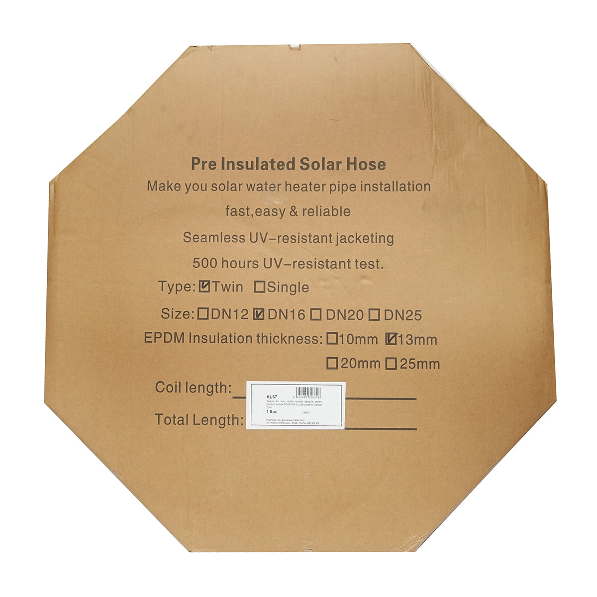 20m double stainless steel pipe DN16-3/4 corrugated, flexible, insulated with cable for temperature sensor for residential solar installations.