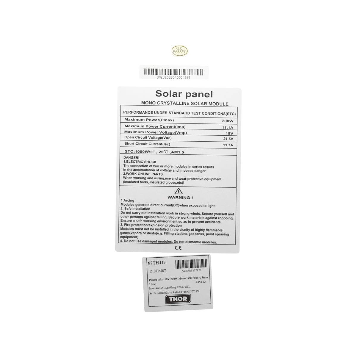 200W monocrystalline solar panel with MC4 connector 1480x680x35mm